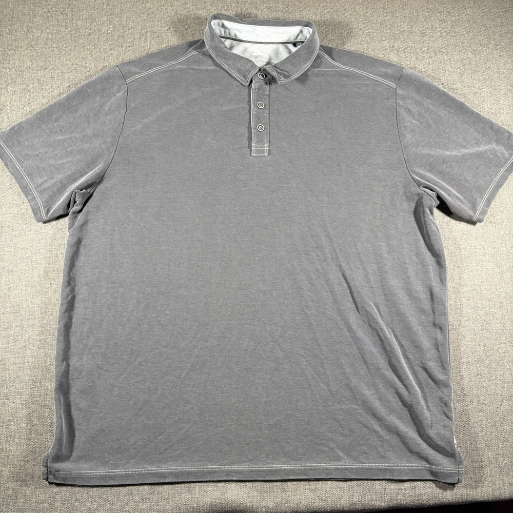 Tommy‎ Bahama Polo Shirt Mens XXL Gray Tencel Blend Short Sleeve Contrast Stitch